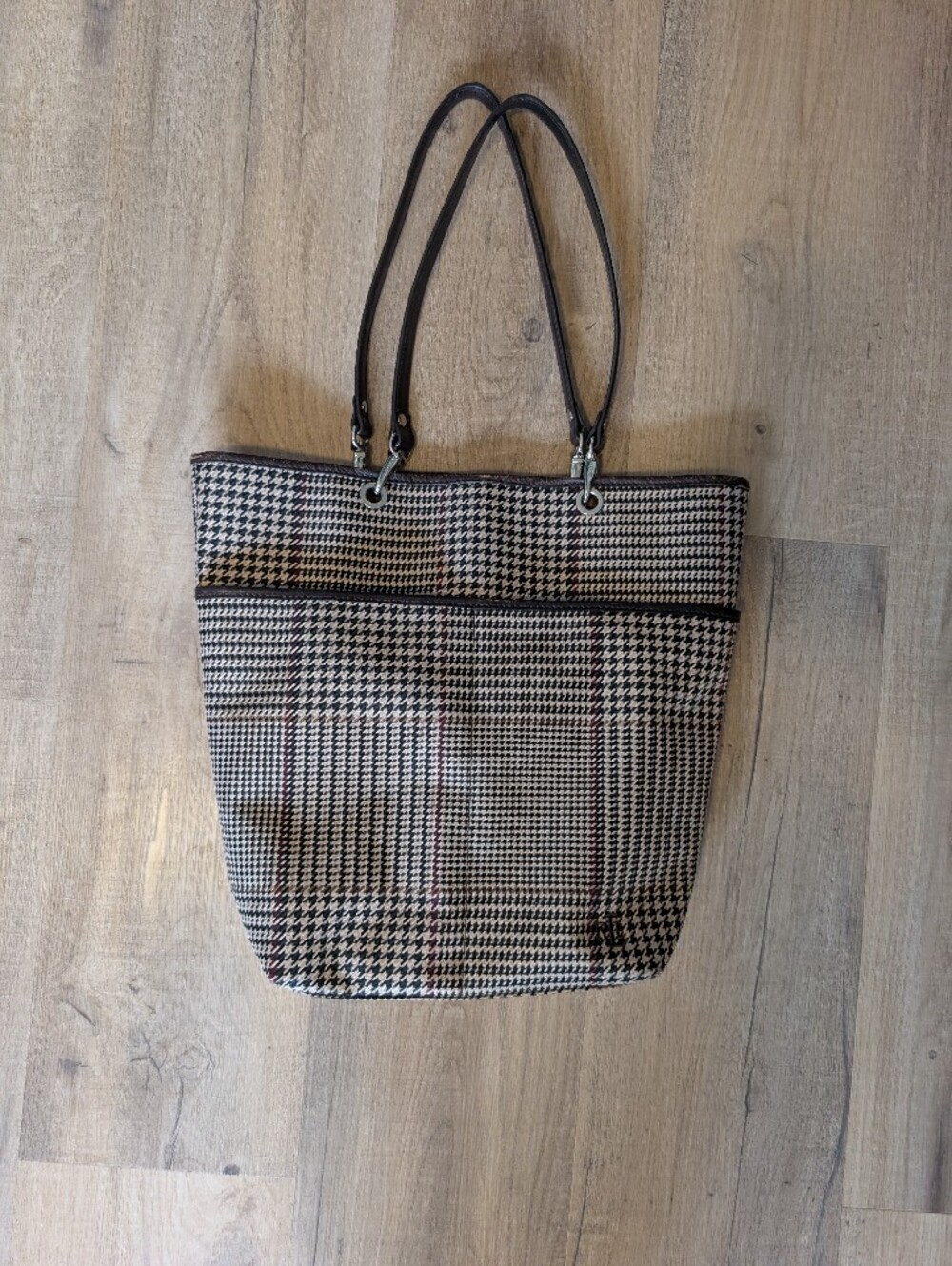 Lauren Ralph Lauren Plaid Tote Bag with Brown Trim
